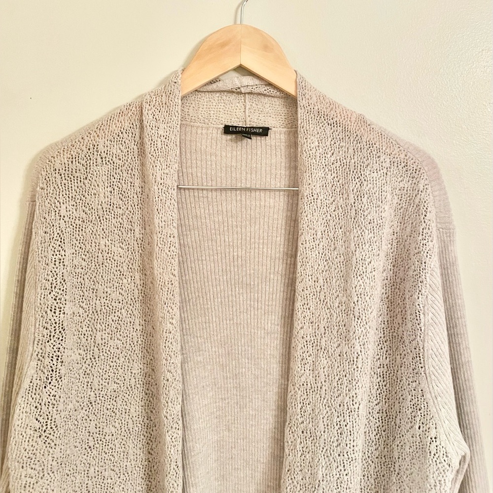 Eileen Fisher Women's 100% Wool Beige Knit Open Front Cardigan SzXL Italian Yarn - Picture 3 of 11